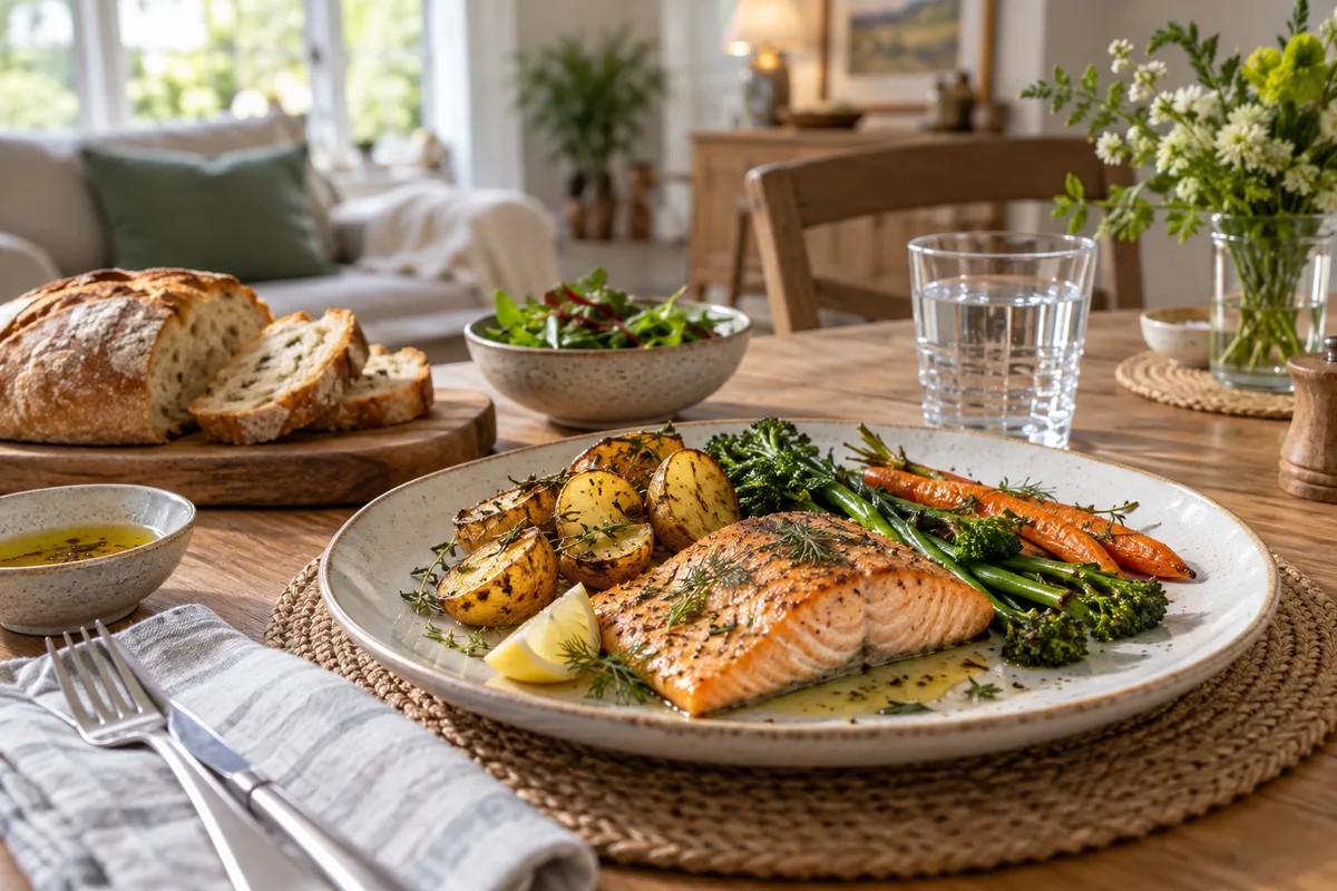 A generous salmon, potato and vegetable lunch with bread