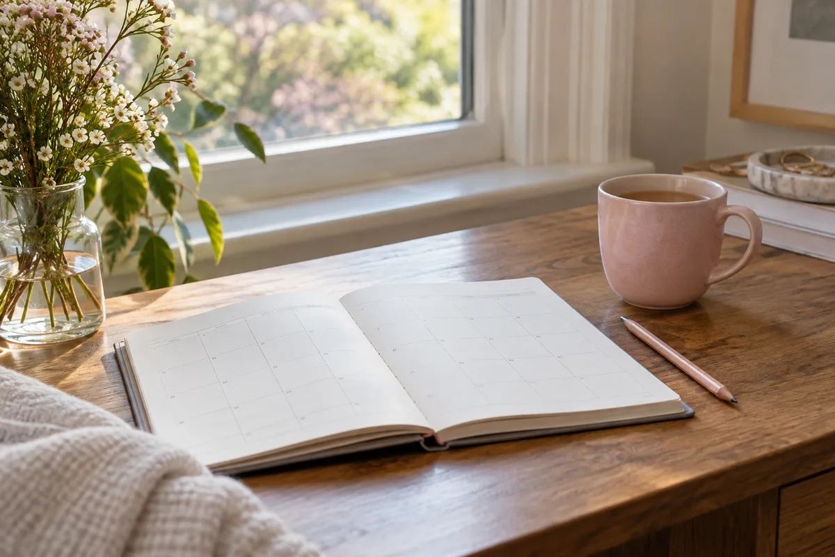 A calendar and cup on a quiet desk for preparing questions about menstrual health