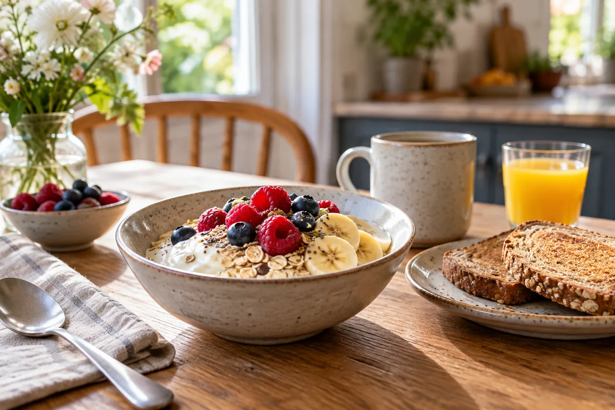 Yoghurt, oats, banana and berries with wholemeal toast