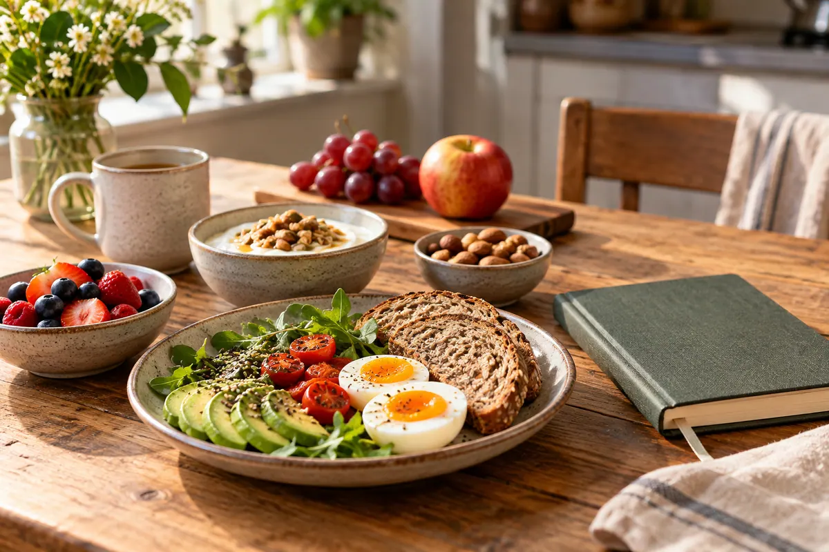 Illustrative balanced meal, fruit and a notebook on a kitchen table
